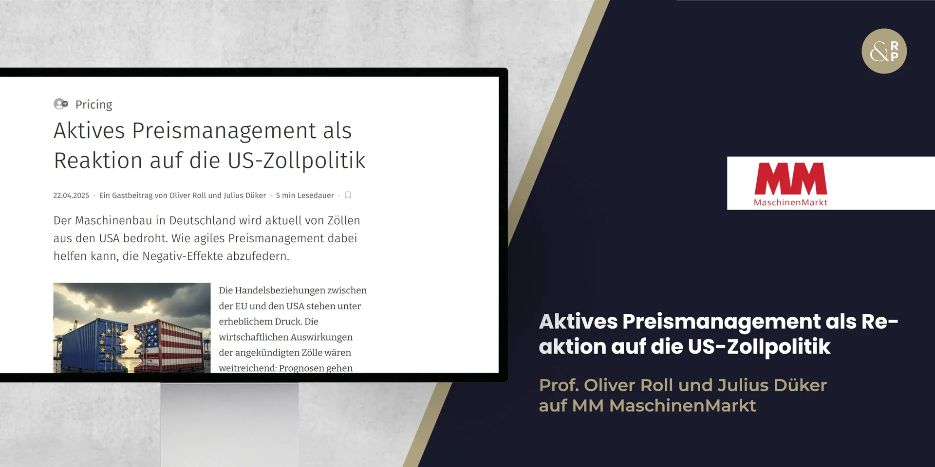 Ein Desktop, auf dem der Artikel "Aktives Preismanagement als Reaktion auf die US-Zollpolitik" von Prof. Oliver Roll und Julius Düker in MM MaschinenMarkt zu sehen ist