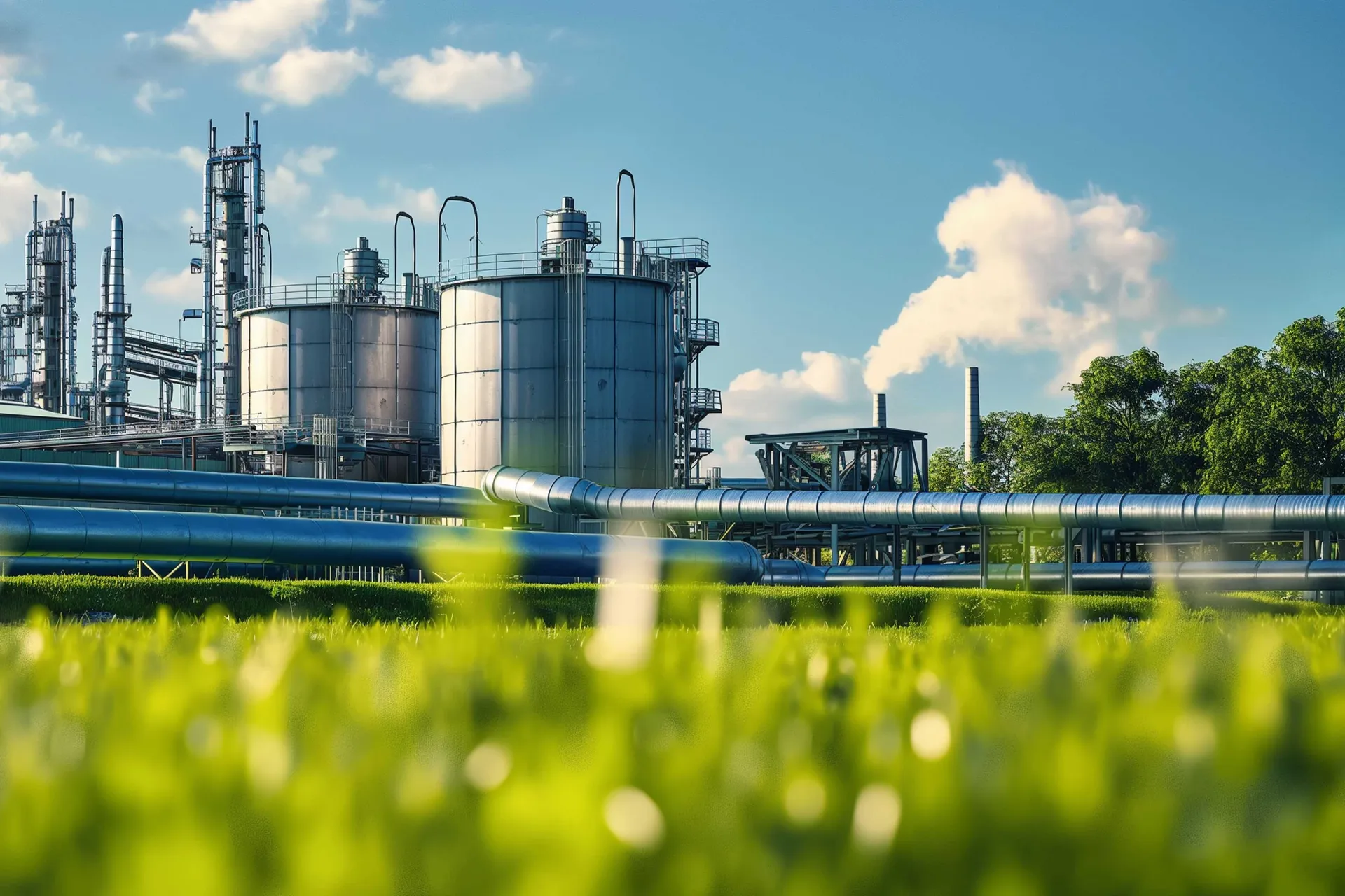 Chemieindustrie hinter einer grünen Wiese im Sommer bei blauem Himmel