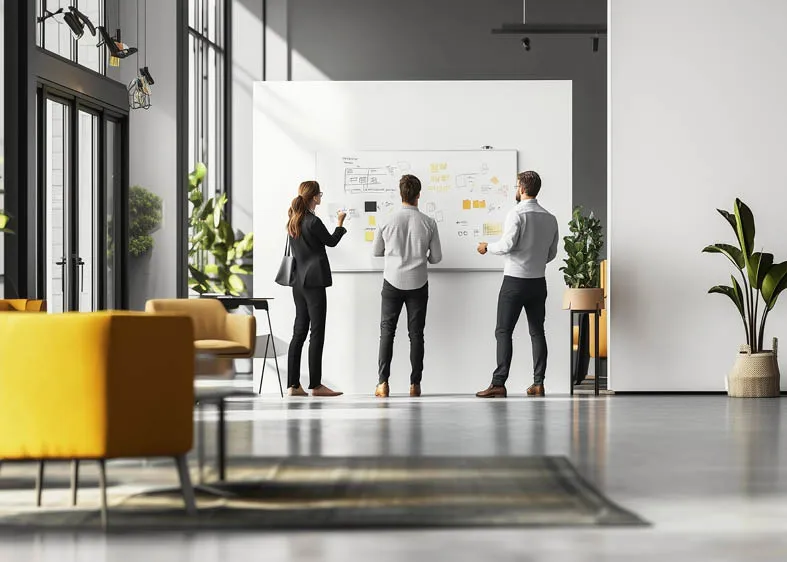 4 Personen besprechen sich in einem großen Raum und stehen vor einem Whiteboard mit Notizen