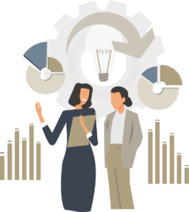 Zwei Personen besprechen die sytematisch geplante Preisanpassung mit Statistiken, Diagrammen und Stellschrauben im Hintergund