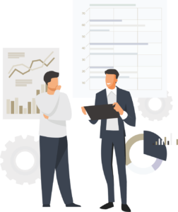 Zwei Personen besprechen die sytematisch geplante Preisanpassung mit Statistiken und Diagrammen im Hintergund
