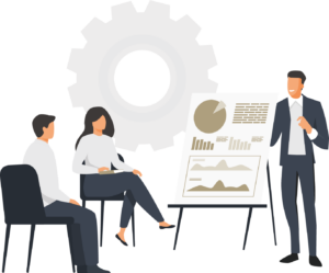 Drei Personen besprechen die sytematisch geplante Preisanpassung mit Statistiken und Diagrammen auf einem White Chart