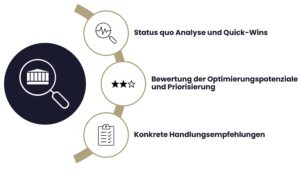 Das Prof. Roll & Pastuch RGM-Audit umfasst eine Status quo Analyse und Quick-Wins, die Bewertung der Optimierungspotenziale und Priorisierung sowie die konkreten Handlungsempfehlungen.