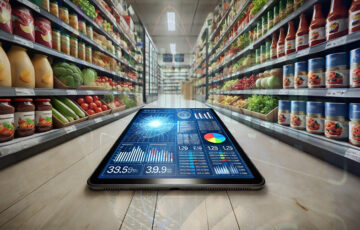 Symbolbild für Sell-Out Preisintelligenz im Lebensmitteleinzelhandel mit Tablet mit Statistiken zwischen den Regalen im Einkaufsladen