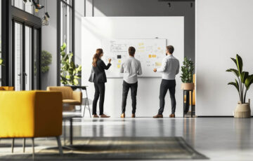 Drei Personen besprechen sich vor einem Whiteboard und machen Notizen