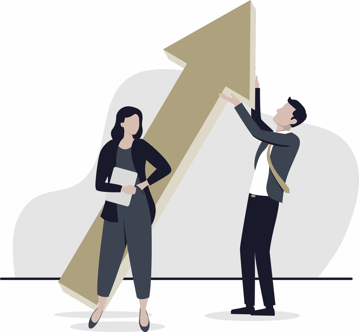 Eine Frau und ein Mann mit einem nach oben zeigenden Pfeil