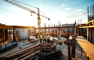 Bauarbeiter auf der Baustelle eines Hochhauses